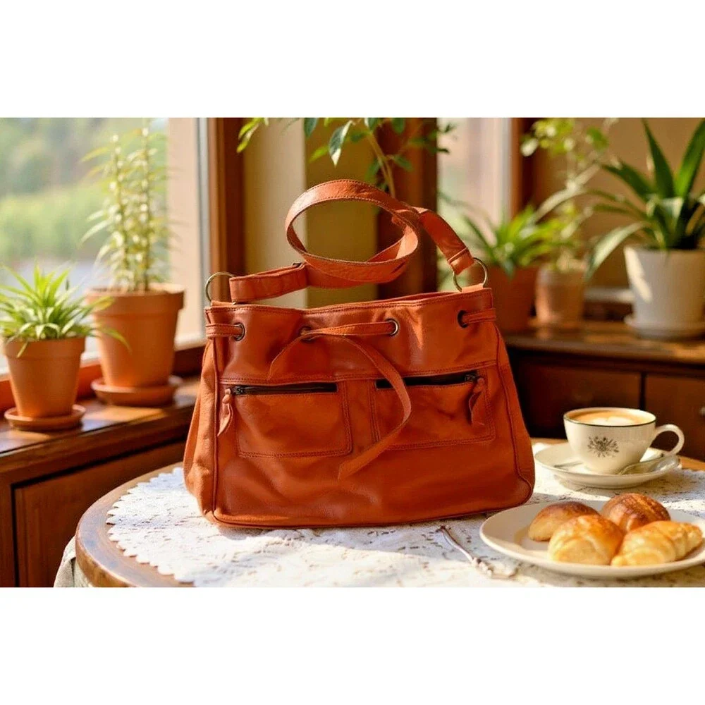 Women's Vintage Genuine Leather Orange Brown Bag Shoulder Purse Zippers Pockets